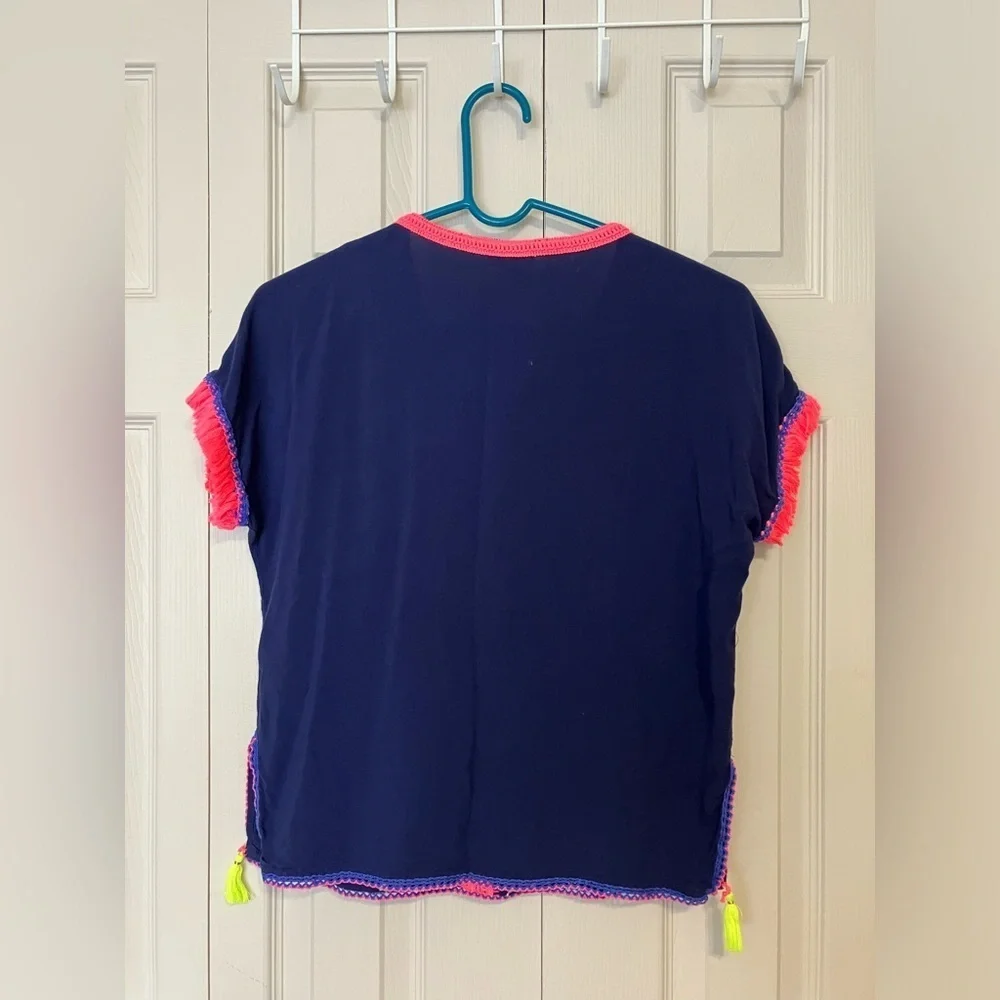 Cat And Jack Top Girls Sz 7/8 Blue Boho Embroidery Casual Rayon Back To‎ School